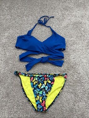 Shekini Cobalt Wrap Bikini with No Boundaries Multicolor Butterfly Bottoms